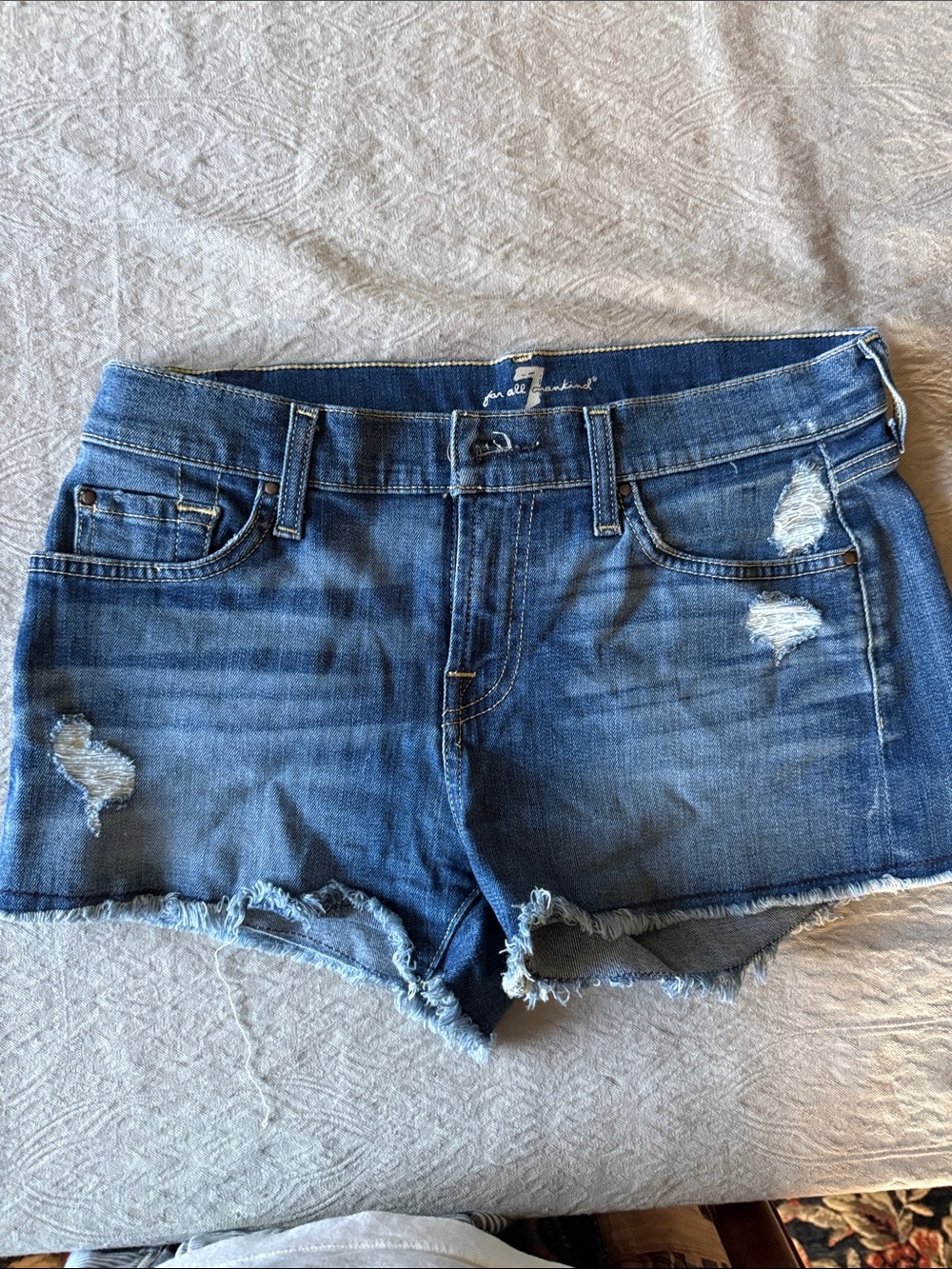 7 For All Mankind Distressed Blue Denim Cutoff Shorts